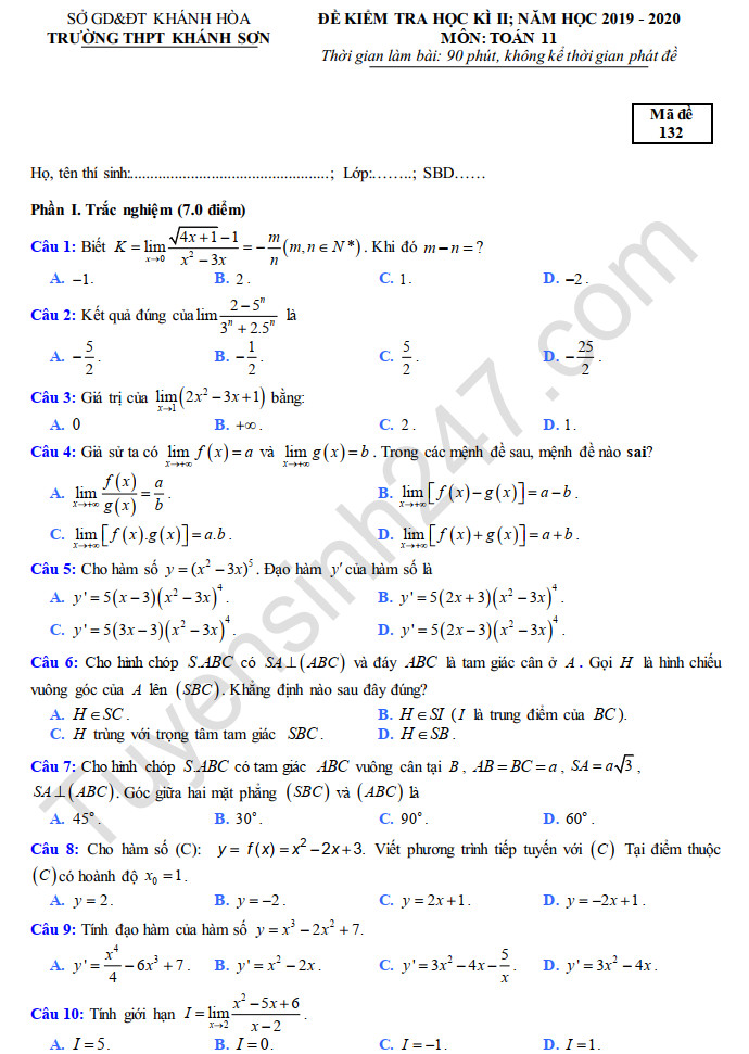 Đề thi học kì 2 môn Toán lớp 11 THPT Khánh Sơn năm 2020