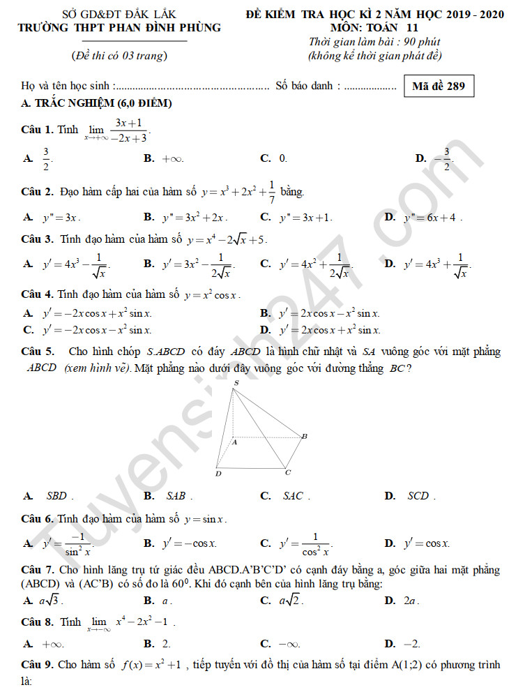 Đề thi học kì 2 lớp 11 năm 2020 THPT Phan Đình Phùng môn Toán