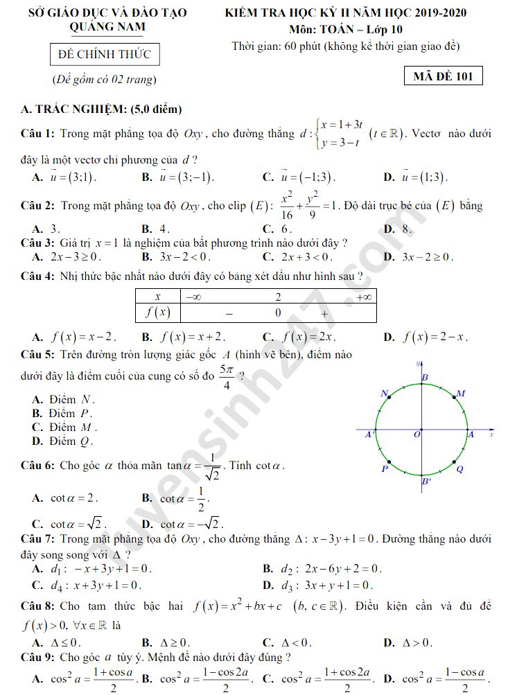 Đề thi học kì 2 môn Toán lớp 10 Sở GD Quảng Nam năm 2020