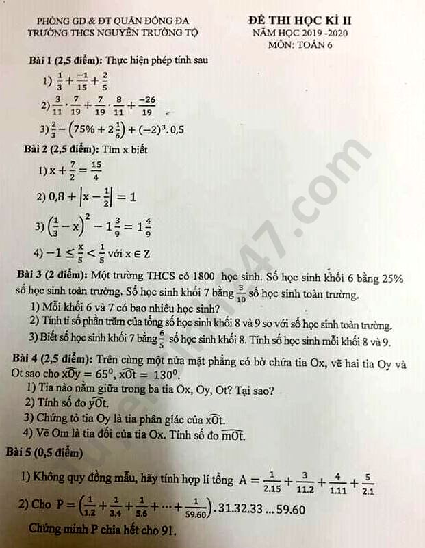 Đề thi học kì 2 môn Toán lớp 6 THCS Nguyễn Trường Tộ năm 2020