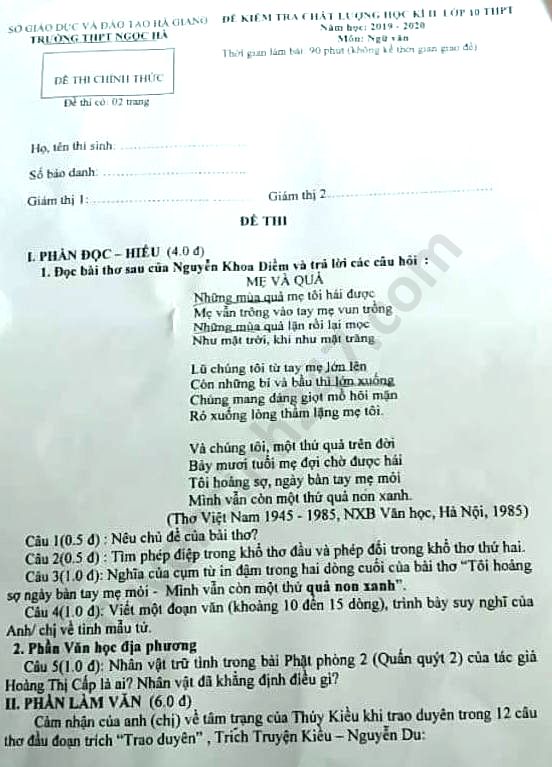 Đề thi học kì 2 môn Văn lớp 10 năm 2020 THPT Ngọc Hà 