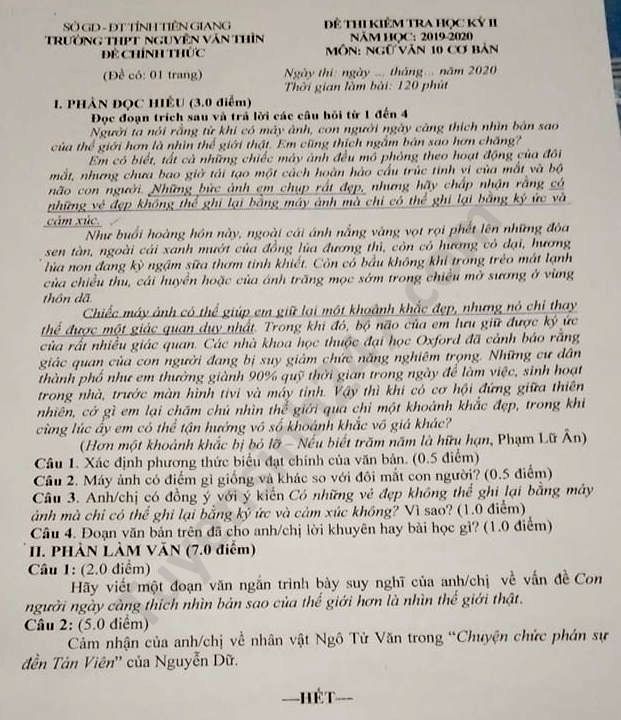 Đề thi học kì 2 môn Văn lớp 10 THPT Nguyễn Văn Thìn năm 2020