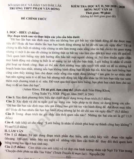 Đề thi học kì 2 môn Văn lớp 10 năm 2020 THPT Phạm Văn Đồng 