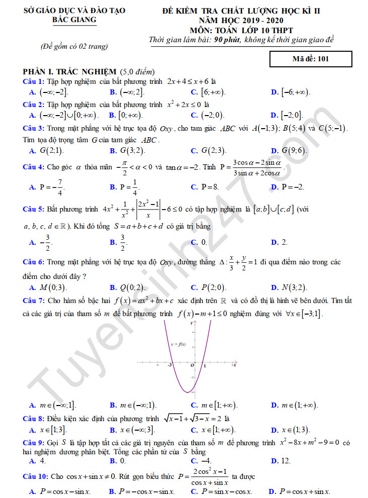 Đề thi học kì 2 năm 2020 Toán lớp 10 Sở GD Bắc Giang