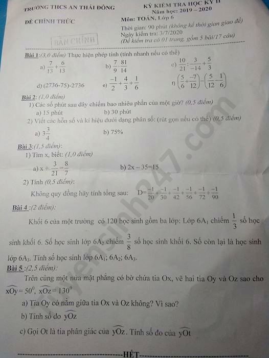 Đề thi học kì 2 năm 2020 THCS An Thái Đông Toán lớp 6 