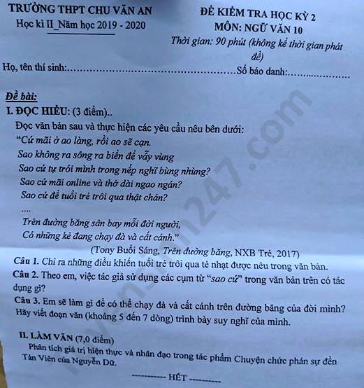 Đề thi học kì 2 môn Văn lớp 10 năm 2020 THPT Chu Văn An 