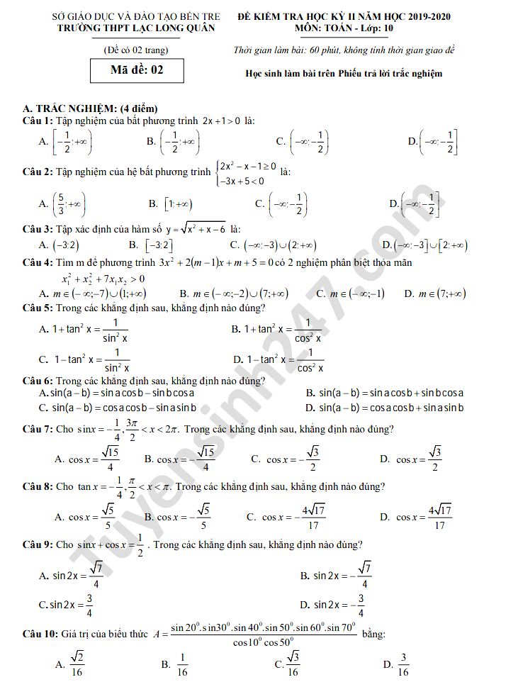 Đề thi học kì 2 môn Toán lớp 10 THPT Trần Hưng Đạo năm 2020 