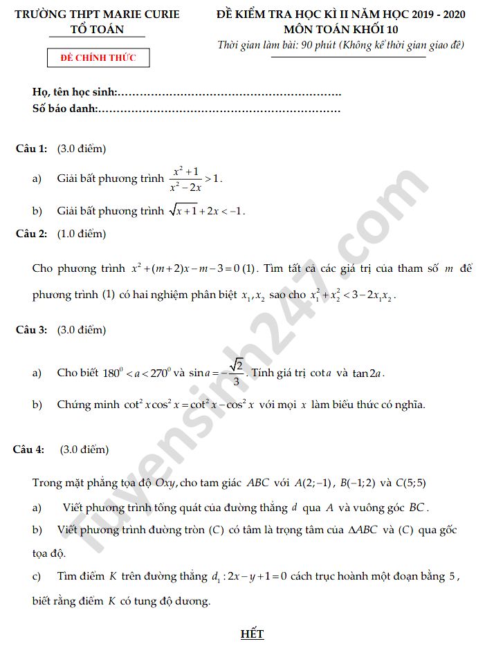 Đề thi học kì 2 năm 2020 THPT Marie Curie môn Toán lớp 10