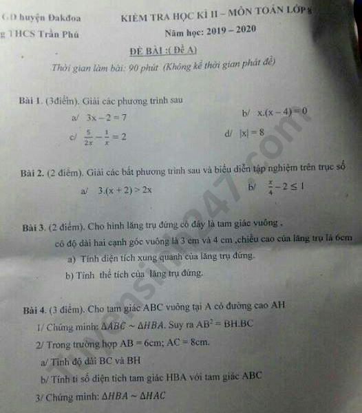 Đề thi học kì 2 lớp 8 môn Toán năm 2020 THCS Trần Phú 