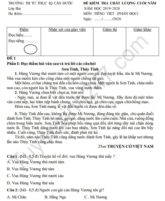 Đề thi học kì 2 năm 2020 TH Tư Thục IQ Cần Đước môn Tiếng Việt lớp 2