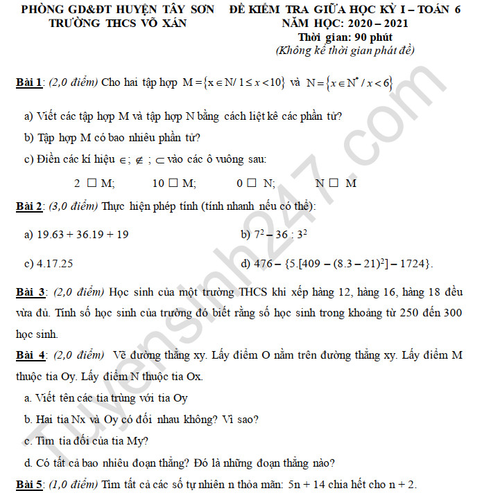 Đề kiểm tra giữa học kì 1 năm 2020 môn Toán 6 THCS Võ Xán 