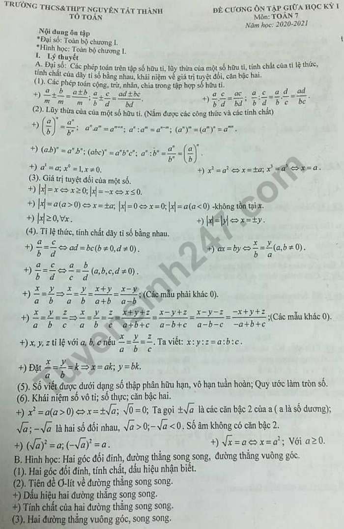 Đề cương giữa kì 1 môn Toán lớp 7 - THCS&THPT Nguyễn Tất Thành 2020