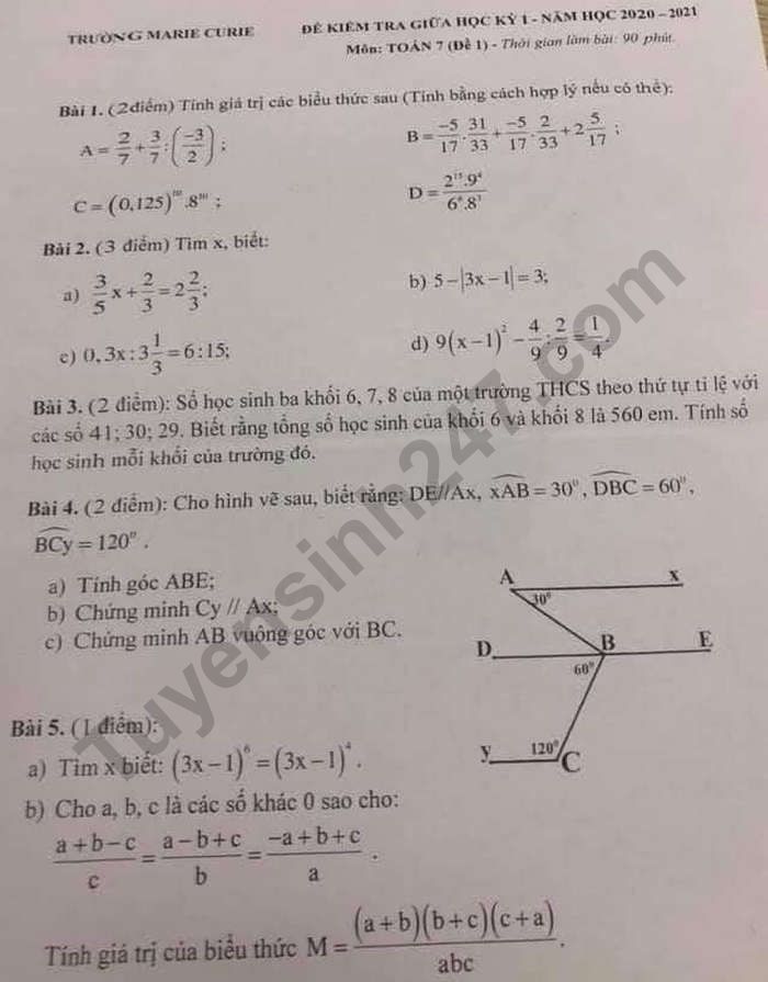 Đề thi giữa kì 1 lớp 7 môn Toán - Trường Marie Curie 2020