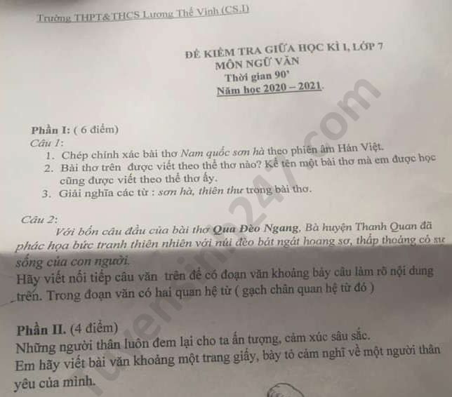 Đề thi giữa kì 1 năm 2020 môn Văn lớp 7 - THPT-THCS Lương Thế Vinh