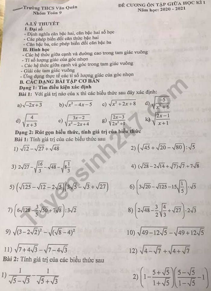 Đề cương ôn tập giữa kì 1 môn Toán 9 - THCS Văn Quán 2020