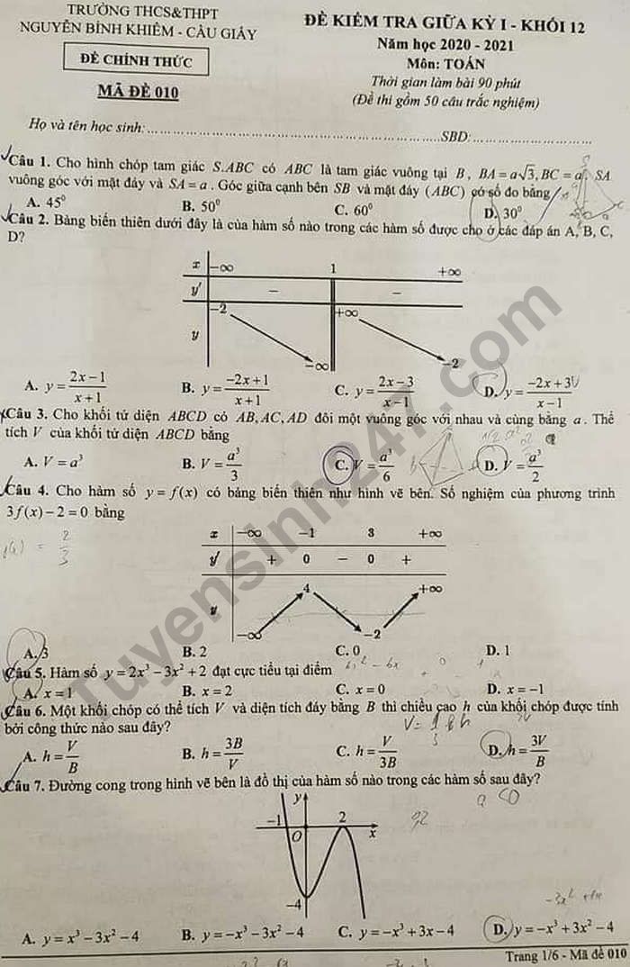 Đề thi giữa học kì 1 môn Toán lớp 12 - THCS&THPT Nguyễn Bỉnh Khiêm 2020