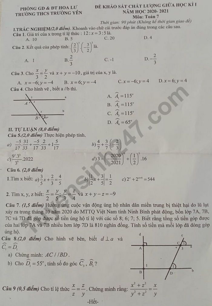 Đề thi giữa học kì 1 môn Toán lớp 7 trường THCS Trường Yên 2020