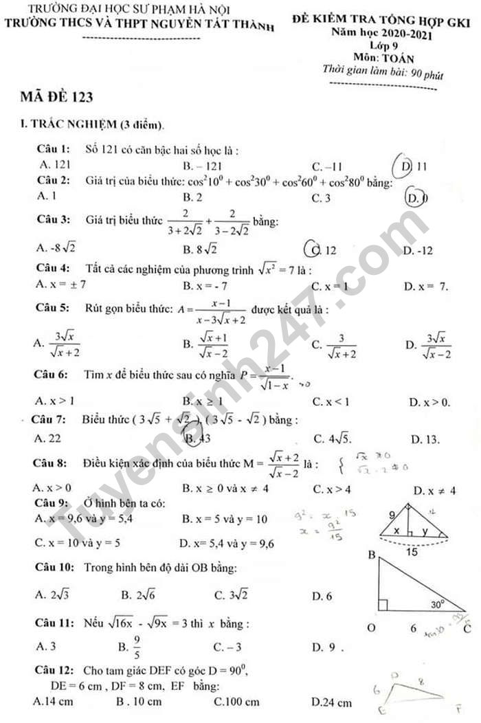 Đề kiểm tra giữa HK 1 lớp 9 môn Toán - THCS&THPT Nguyễn Tất Thành 2020