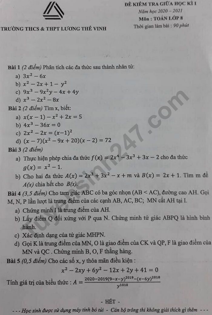 Đề thi giữa học kì 1 môn Toán 8 - THCS&THPT Lương Thế Vinh 2020