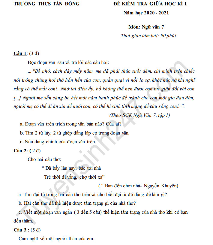 Đề kiểm tra giữa HK1 môn Văn lớp 7 THCS Tân Đồng năm 2020 