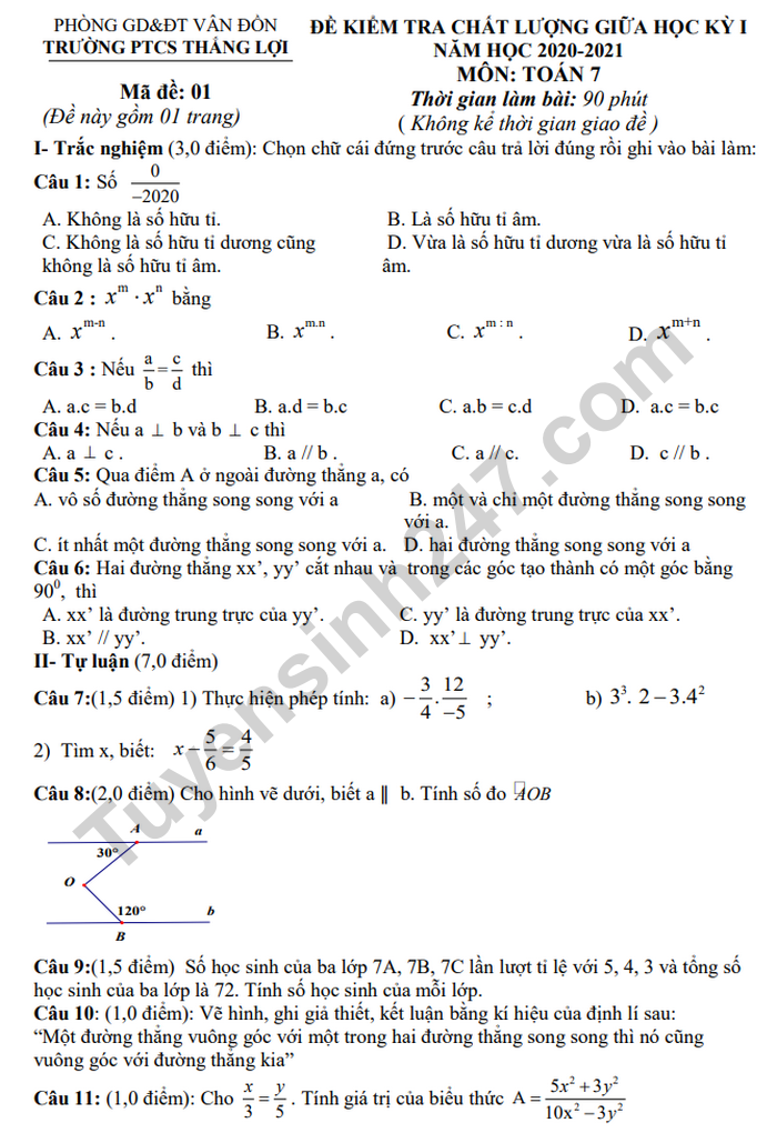 Đề thi giữa học kì 1 môn Toán lớp 7 - Trường PTCS Thắng Lợi 2020