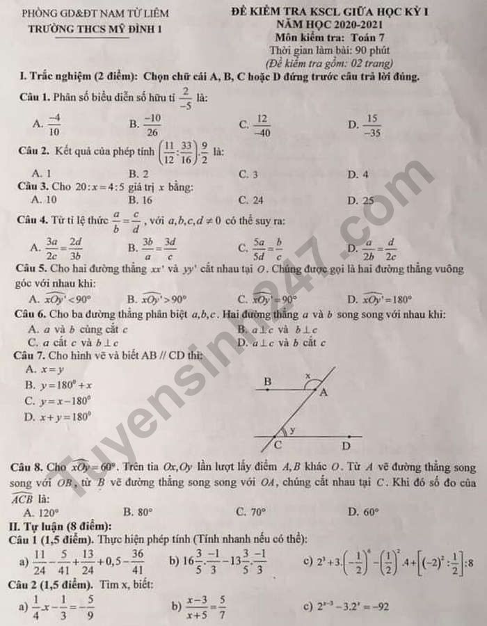 Đề kiểm tra giữa học kì 1 môn Toán lớp 7 - THCS Mỹ Đình 1 năm 2020