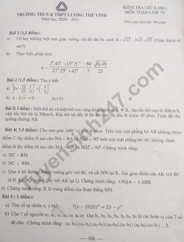 Đề kiểm tra giữa học kì 1 môn Toán lớp 7 - THCS&THPT Lương Thế Vinh 2020