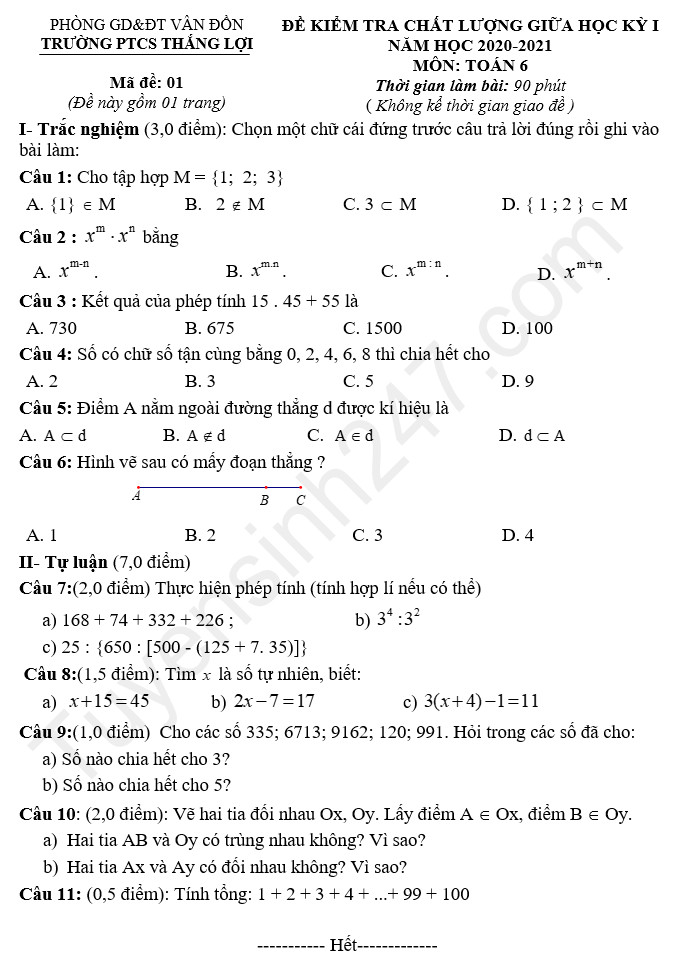 Đề kiểm tra giữa HK1 năm 2020 PTCS Thắng Lợi năm môn Toán lớp 6