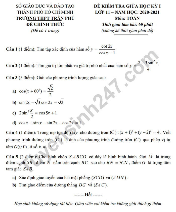 Đề kiểm tra giữa học kì 1 lớp 11 môn Toán - Trường THPT Trần Phú 2020