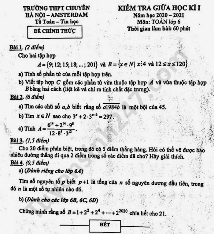 Đề kiểm tra giữa HK1 lớp 6 môn Toán THPT chuyên Amsterdam 2020 