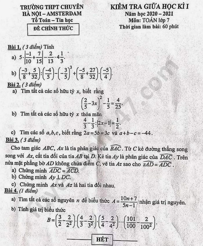 Đề thi giữa HK1 môn Toán lớp 7 THPT chuyên Amsterdam năm 2020 