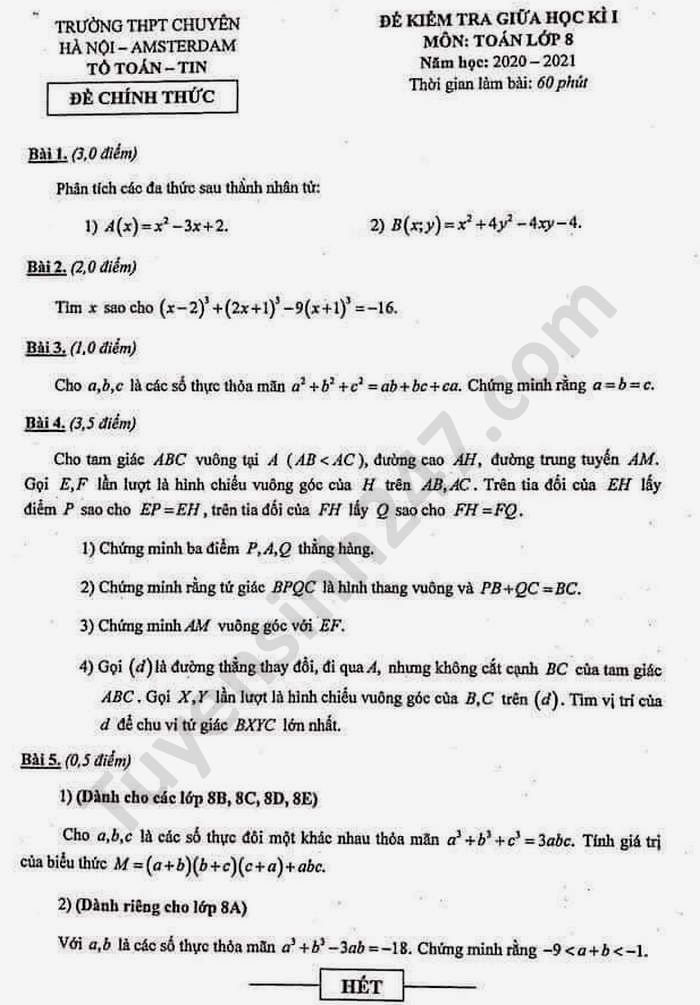 Đề kiểm tra giữa học kì 1 năm 2020 THPT chuyên Amsterdam Toán lớp 8