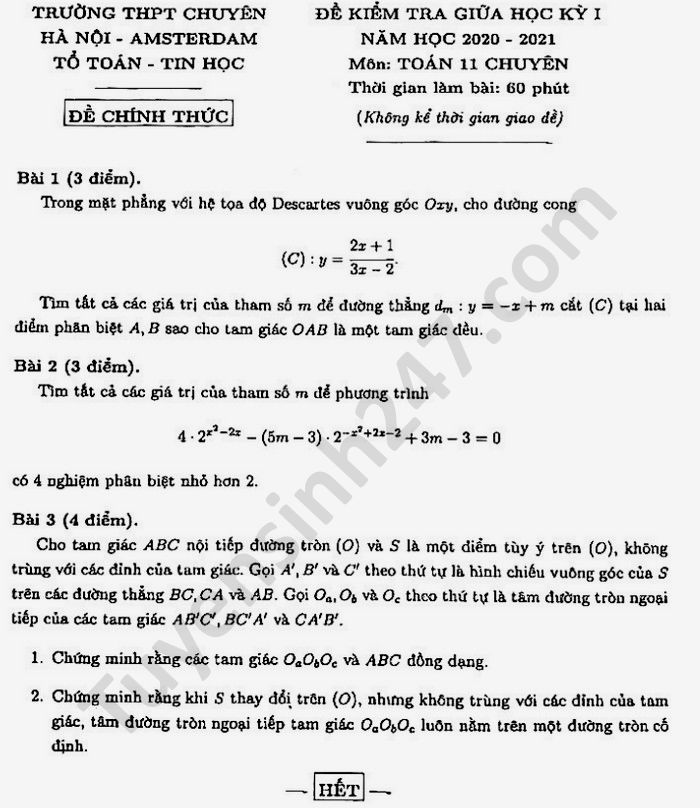 Đề kiểm tra giữa HK1 2020 Toán lớp 11 chuyên THPT chuyên Amsterdam 