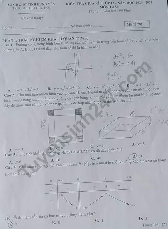 Đề kiểm tra giữa kì 1 lớp 12 môn Toán Trường THPT Đức Hợp năm 2020