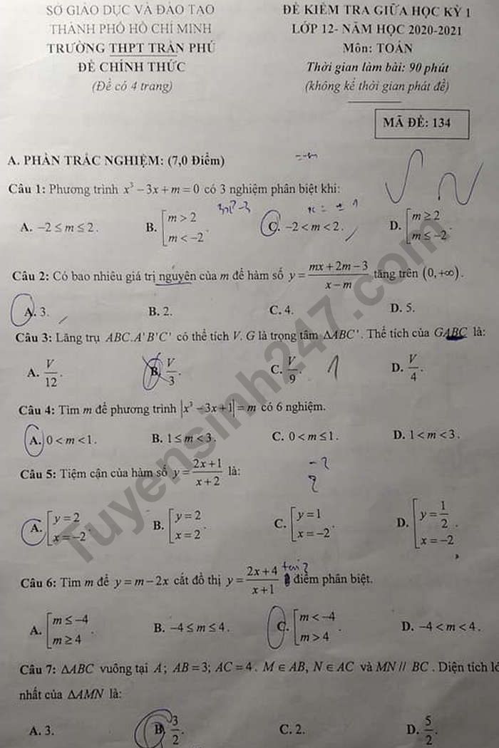 Đề kiểm tra giữa học kì 1 lớp 12 môn Toán Trường THPT Trần Phú 2020