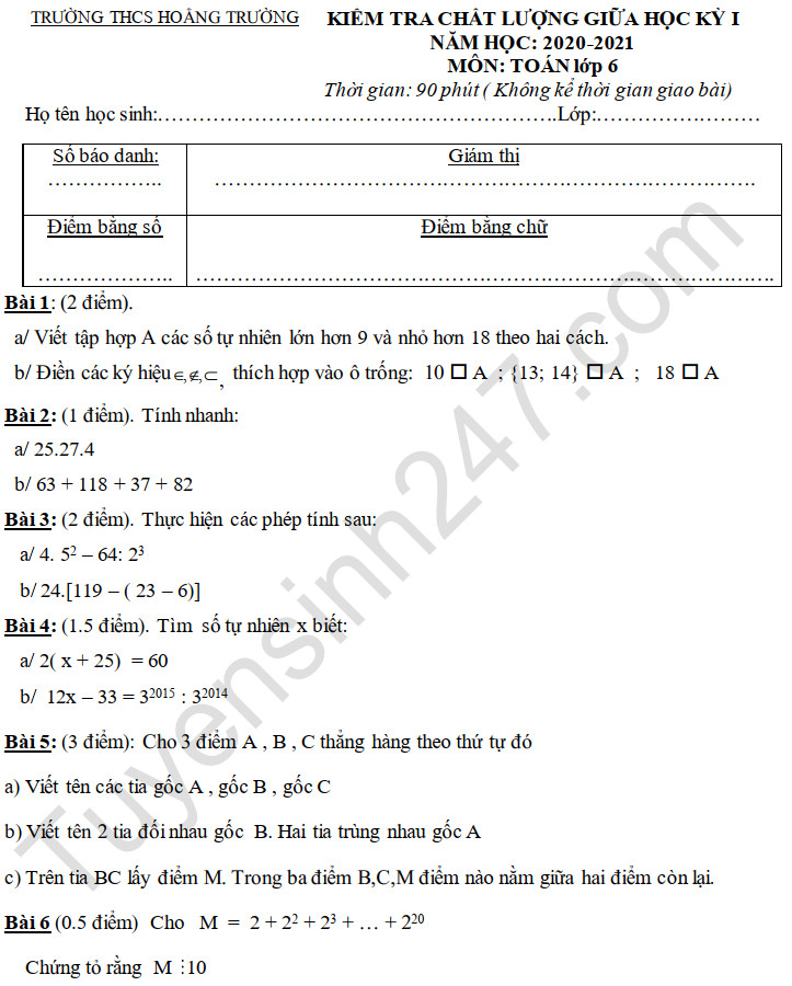 Đề kiểm tra giữa HK1 THCS Hoằng Trường môn Toán lớp 6 năm 2020