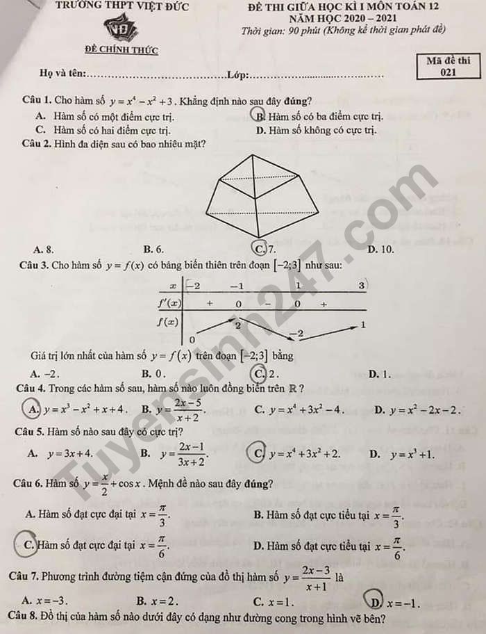 Đề thi giữa học kì 1 môn Toán lớp 12 - Trường THPT Việt Đức 2020