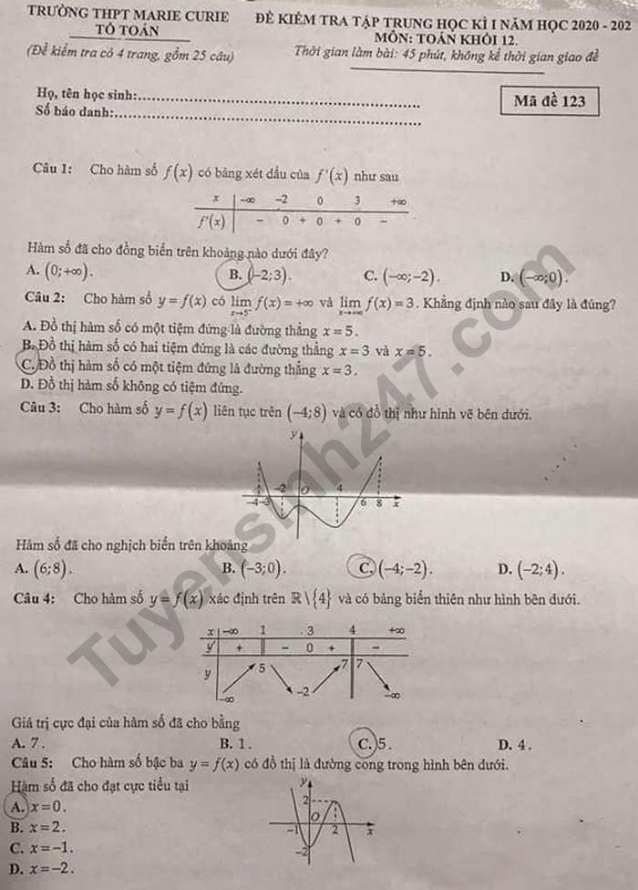 Đề kiểm tra giữa HK1 môn Toán lớp 12 Trường THPT Marie Curie 2020