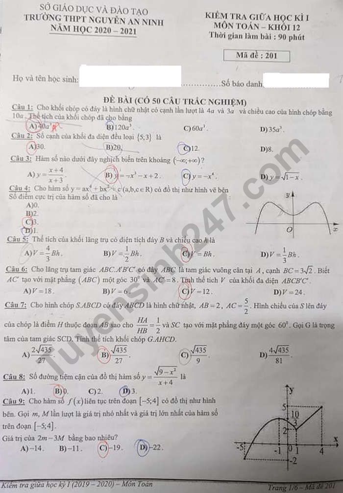 Đề kiểm tra giữa học kì 1 môn Toán lớp 12 - THPT Nguyễn An Ninh 2020