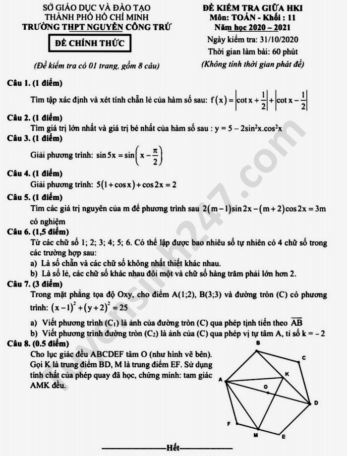 Đề kiểm tra giữa HK1 THPT Nguyễn Công Trứ năm 2020 Toán lớp 11 