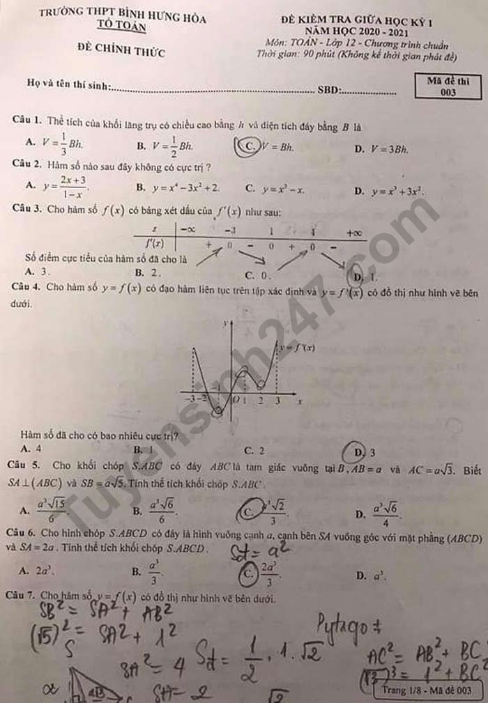 Đề kiểm tra giữa HK1 môn Toán lớp 12 - Trường THPT Bình Hưng Hòa 2020