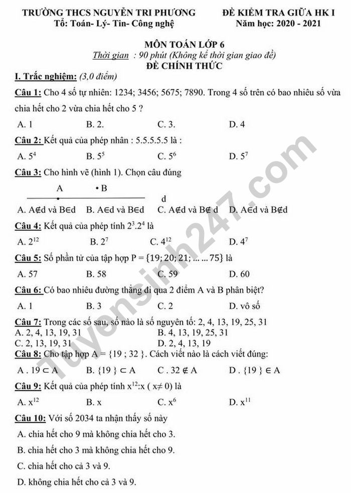 Đề kiểm tra giữa học kì 1 môn Toán lớp 6 THCS Nguyễn Tri Phương 2020