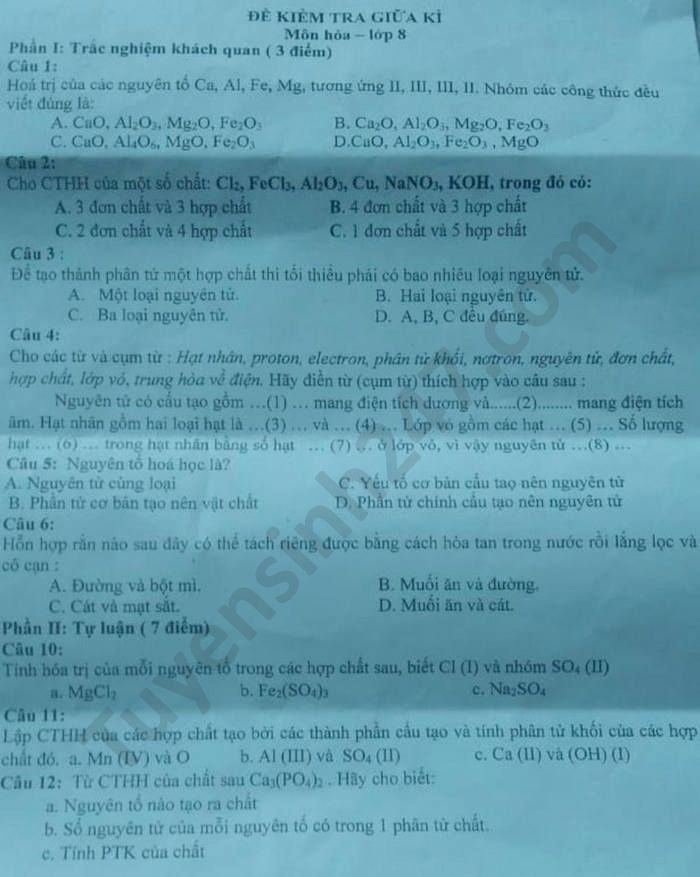 Đề kiểm tra giữa học kì 1 Yên Bái môn Hóa học lớp 8 năm 2020 