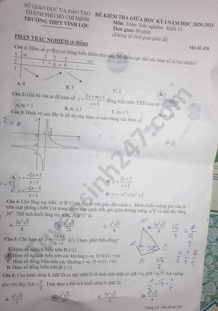 Đề kiểm tra giữa HK1 lớp 12 môn Toán THPT Vĩnh Lộc năm 2020 