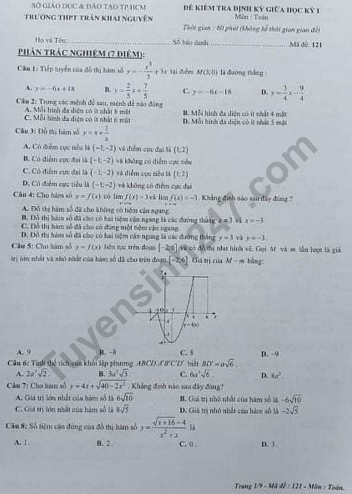 Đề kiểm tra giữa kì 1 môn Toán lớp 12 THPT Trần Khai Nguyên năm 2020