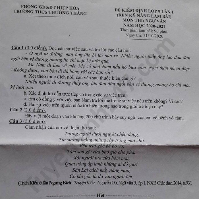 Đề kiểm định lớp 9 năm 2020 THPT Thượng Thanh môn Văn năm 2020 
