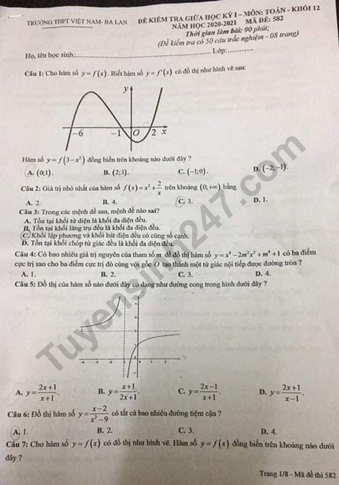 Đề thi giữa học kì 1 môn Toán lớp 12 Trường THPT Việt Nam - Ba Lan 2020