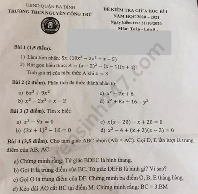 Đề thi giữa HK1 môn Toán lớp 8 năm 2020 THCS Nguyễn Công Trứ