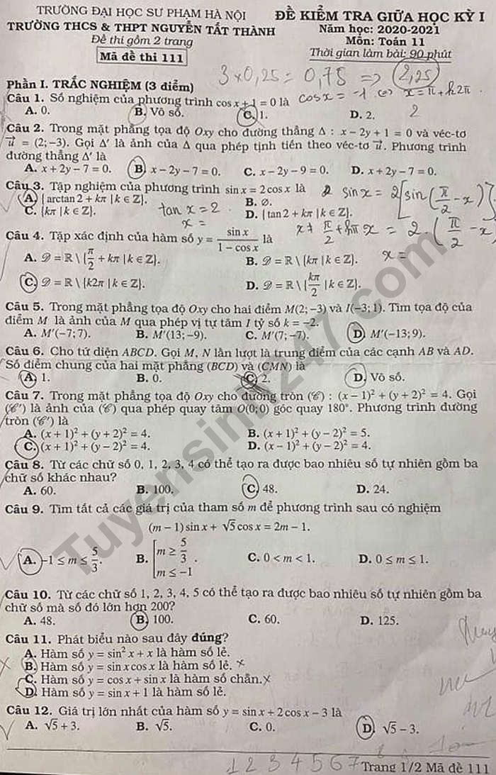 Đề kiểm tra giữa kì 1 môn Toán lớp 11 THCS&THPT Nguyễn Tất Thành 2020