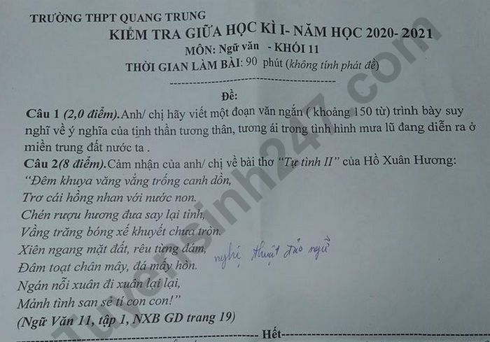 Đề kiểm tra giữa HK1 môn Văn lớp 11 Trường THPT Quang Trung 2020